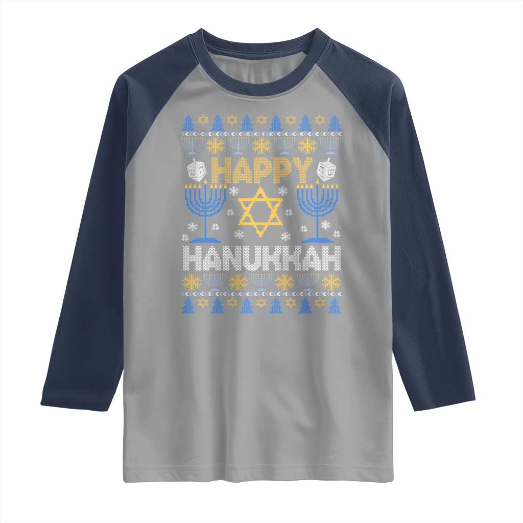 Happy Hanukkah Raglan Shirt Jewish Festival of Lights Hanukkiah Menorah Ugly Chanukah TS02 Sport Gray Navy Print Your Wear