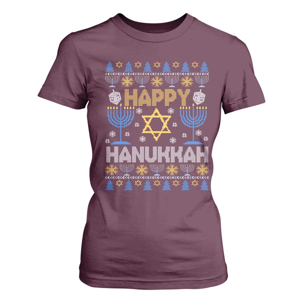 Happy Hanukkah T Shirt For Women Jewish Festival of Lights Hanukkiah Menorah Ugly Chanukah TS02 Maroon Print Your Wear