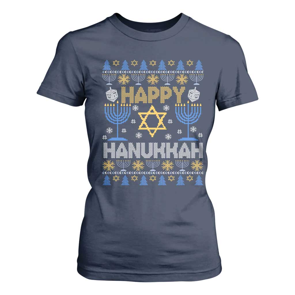 Happy Hanukkah T Shirt For Women Jewish Festival of Lights Hanukkiah Menorah Ugly Chanukah TS02 Navy Print Your Wear