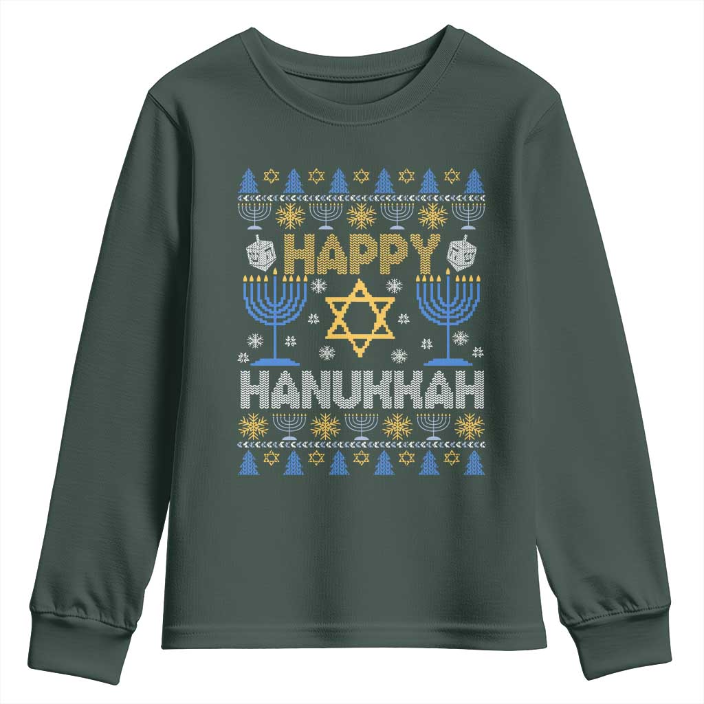 Happy Hanukkah Youth Sweatshirt Jewish Festival of Lights Hanukkiah Menorah Ugly Chanukah TS02 Dark Forest Green Print Your Wear