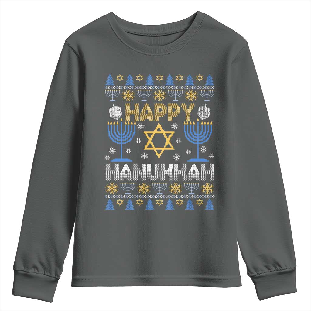 Happy Hanukkah Youth Sweatshirt Jewish Festival of Lights Hanukkiah Menorah Ugly Chanukah TS02 Dark Heather Print Your Wear