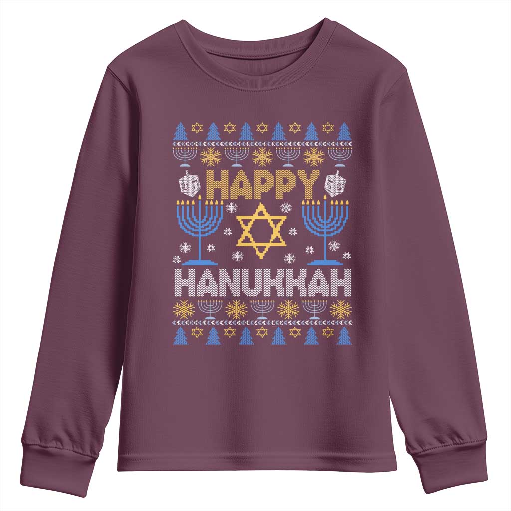 Happy Hanukkah Youth Sweatshirt Jewish Festival of Lights Hanukkiah Menorah Ugly Chanukah TS02 Maroon Print Your Wear