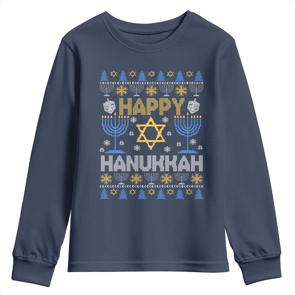 Happy Hanukkah Youth Sweatshirt Jewish Festival of Lights Hanukkiah Menorah Ugly Chanukah TS02 Navy Print Your Wear