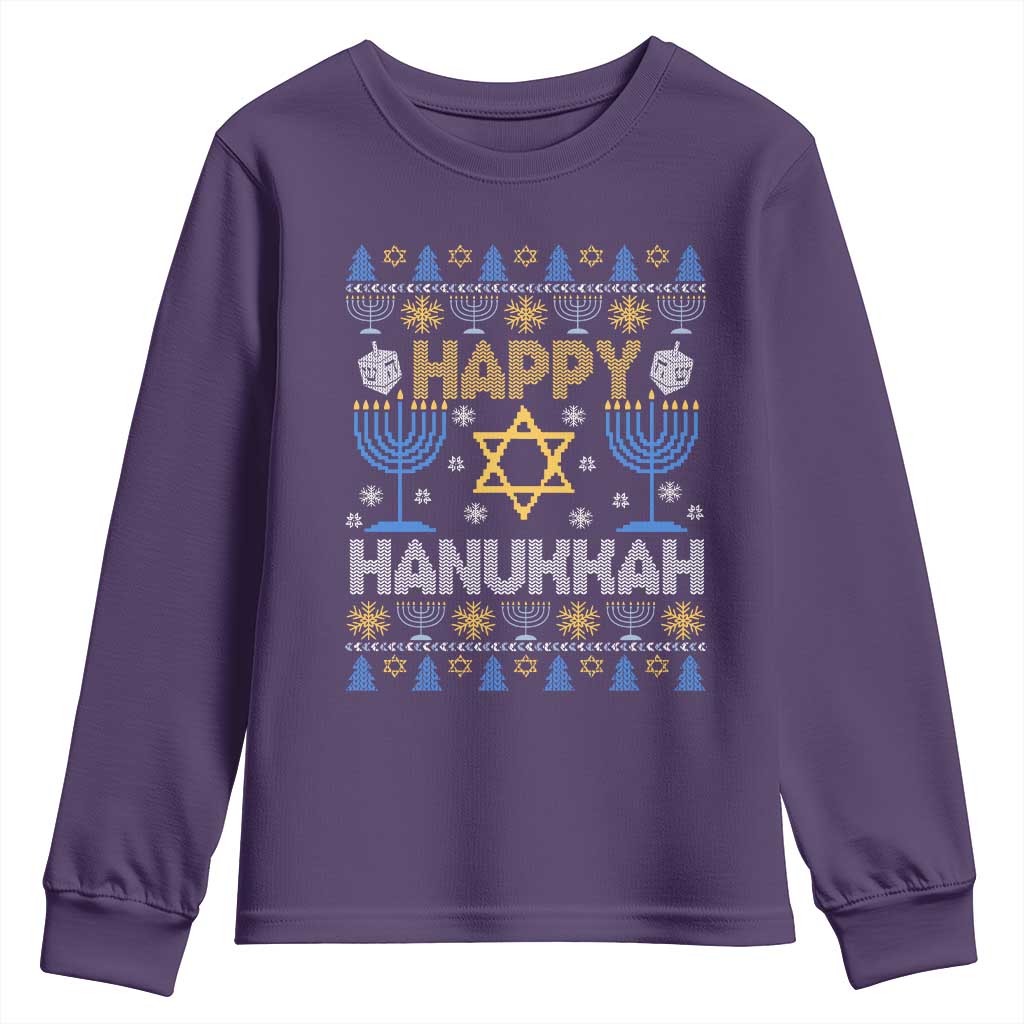 Happy Hanukkah Youth Sweatshirt Jewish Festival of Lights Hanukkiah Menorah Ugly Chanukah TS02 Purple Print Your Wear