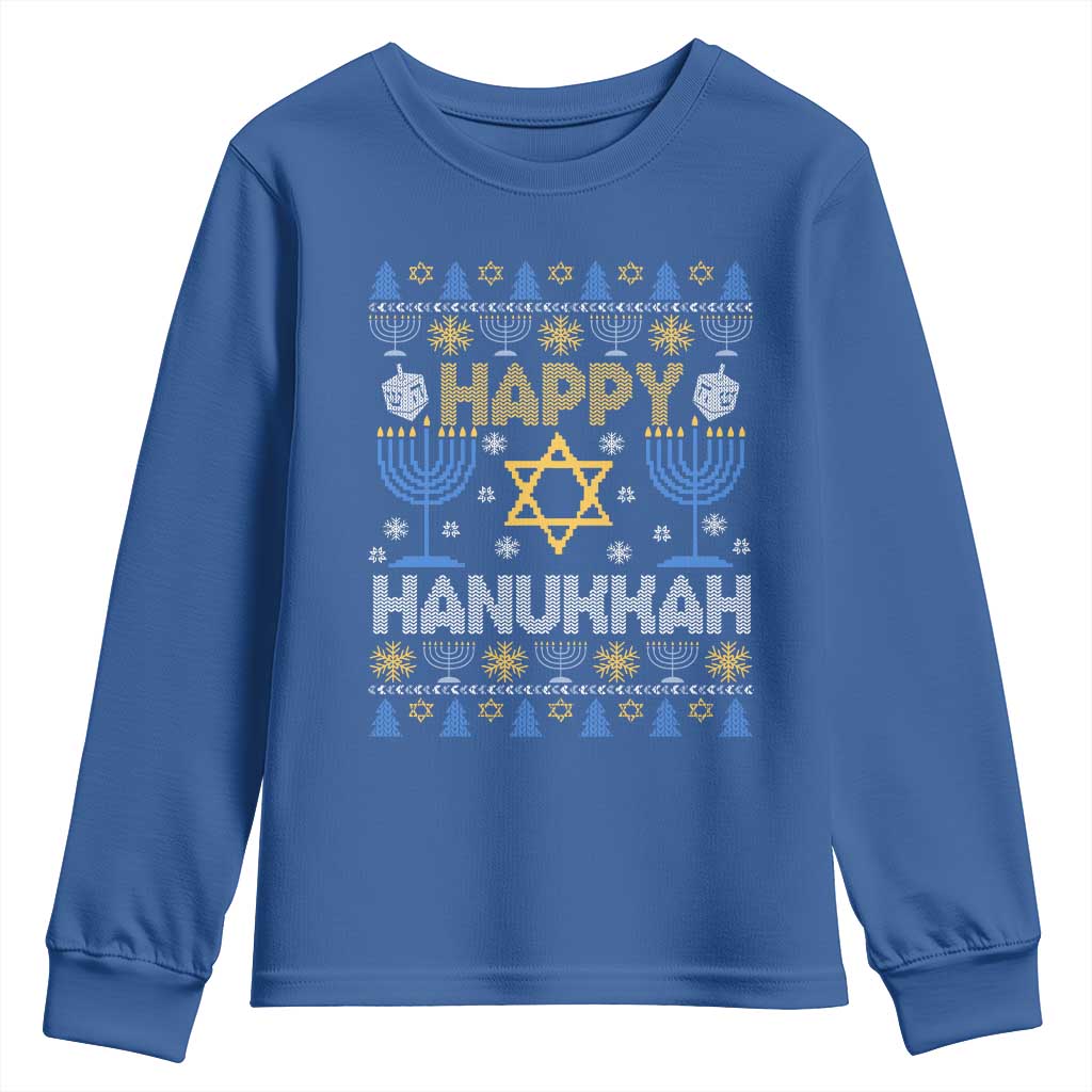 Happy Hanukkah Youth Sweatshirt Jewish Festival of Lights Hanukkiah Menorah Ugly Chanukah TS02 Royal Blue Print Your Wear