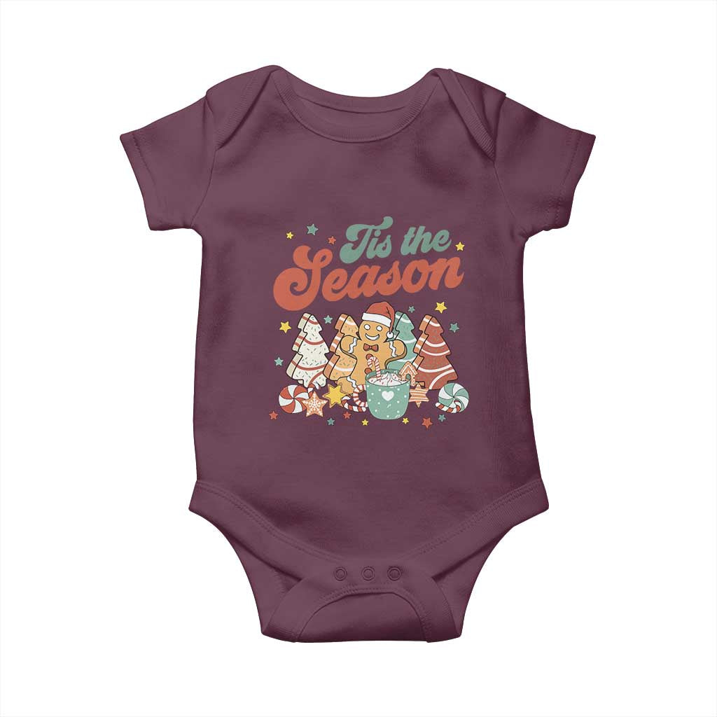 Christmas Cookies Baby Onesie Tis The Season Xmas Tree Cakes Gingerbread Man Retro Groovy TS02 Maroon Print Your Wear