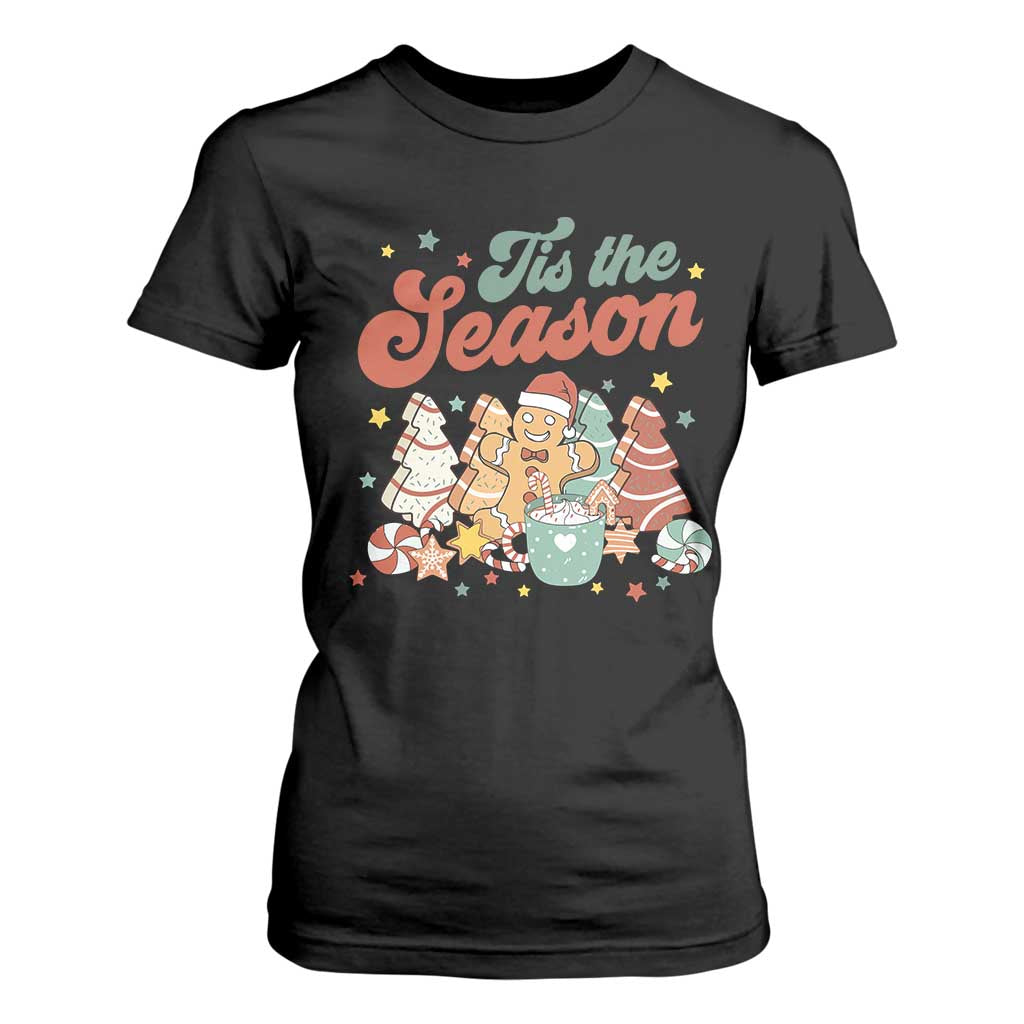 Christmas Cookies T Shirt For Women Tis The Season Xmas Tree Cakes Gingerbread Man Retro Groovy TS02 Black Print Your Wear
