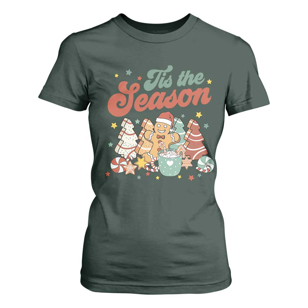 Christmas Cookies T Shirt For Women Tis The Season Xmas Tree Cakes Gingerbread Man Retro Groovy TS02 Dark Forest Green Print Your Wear