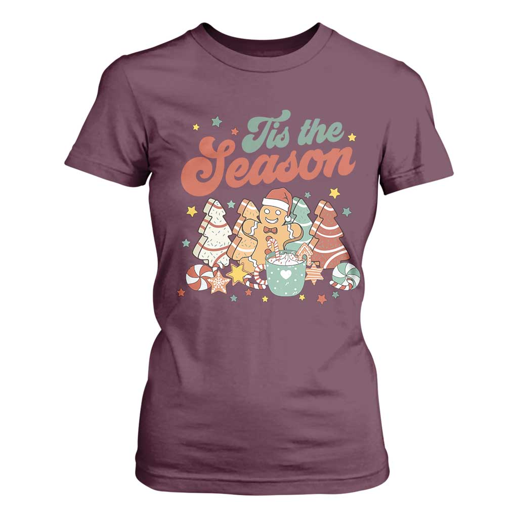 Christmas Cookies T Shirt For Women Tis The Season Xmas Tree Cakes Gingerbread Man Retro Groovy TS02 Maroon Print Your Wear