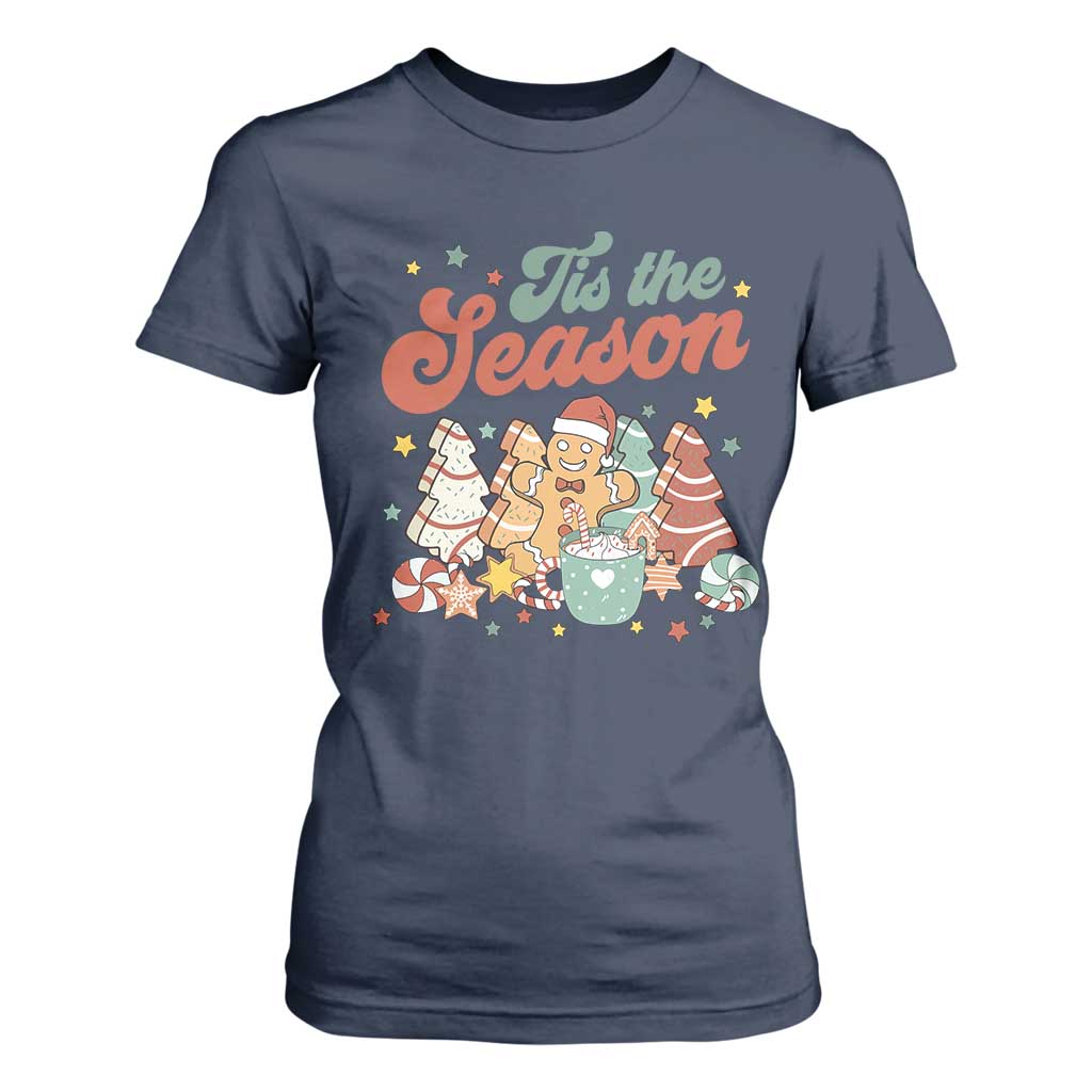 Christmas Cookies T Shirt For Women Tis The Season Xmas Tree Cakes Gingerbread Man Retro Groovy TS02 Navy Print Your Wear