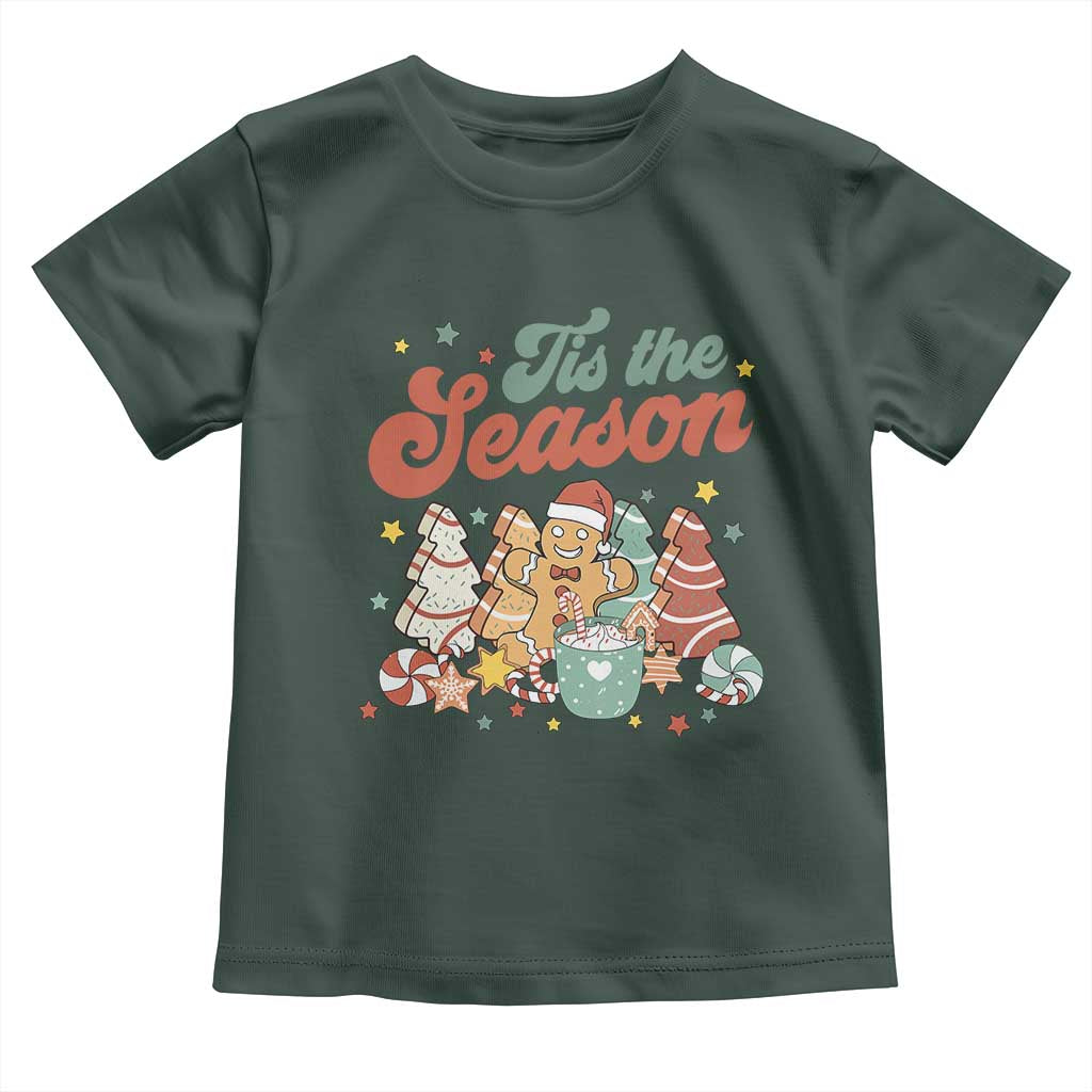 Christmas Cookies Toddler T Shirt Tis The Season Xmas Tree Cakes Gingerbread Man Retro Groovy TS02 Dark Forest Green Print Your Wear