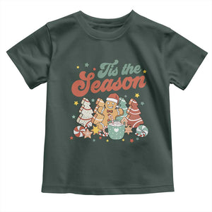 Christmas Cookies Toddler T Shirt Tis The Season Xmas Tree Cakes Gingerbread Man Retro Groovy TS02 Dark Forest Green Print Your Wear