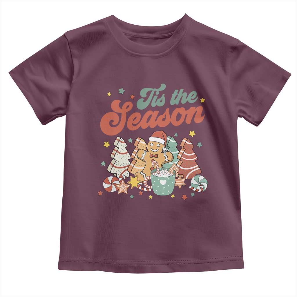 Christmas Cookies Toddler T Shirt Tis The Season Xmas Tree Cakes Gingerbread Man Retro Groovy TS02 Maroon Print Your Wear