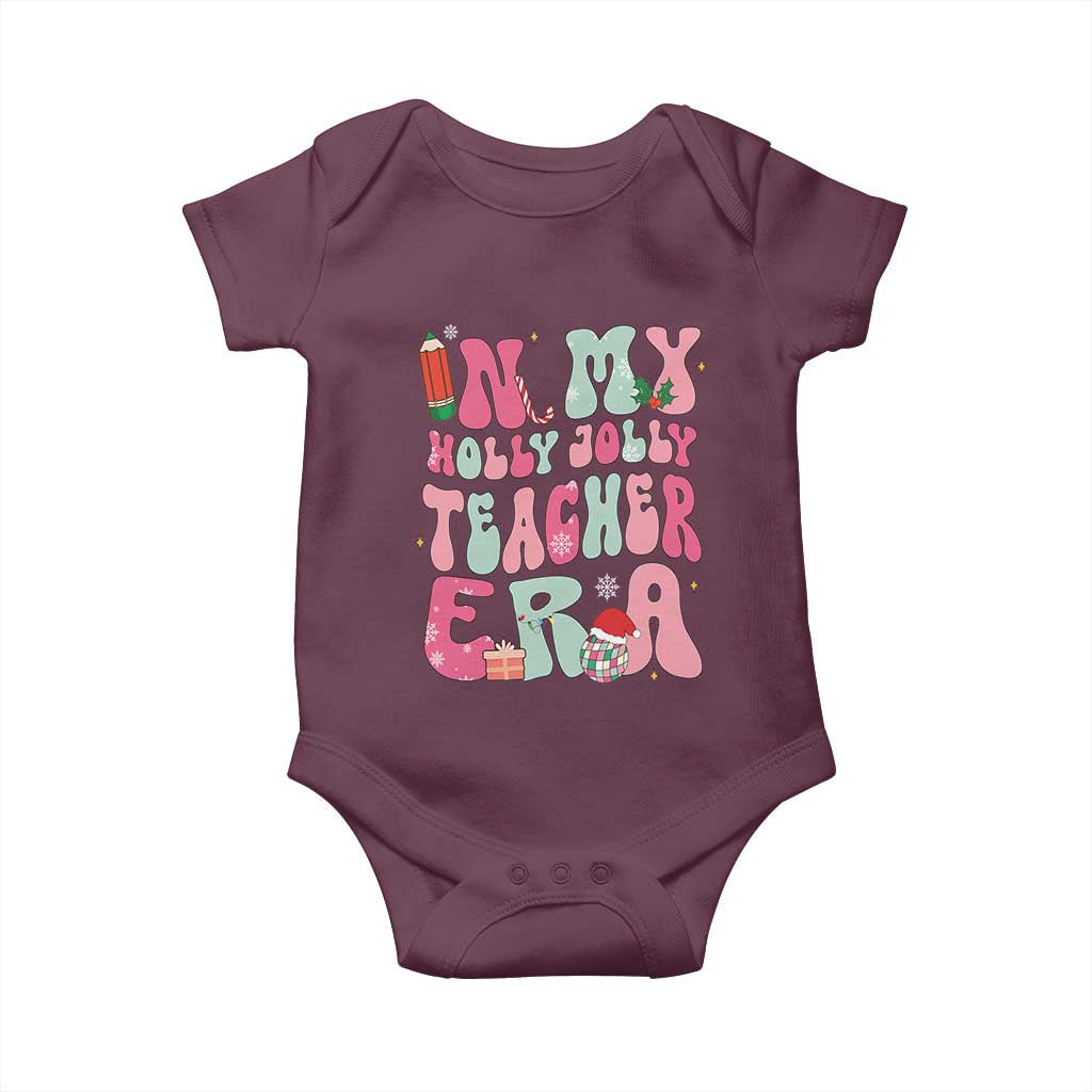 In My Holly Jolly Teacher Era Xmas Groovy Christmas Baby Onesie TS02 Maroon Print Your Wear