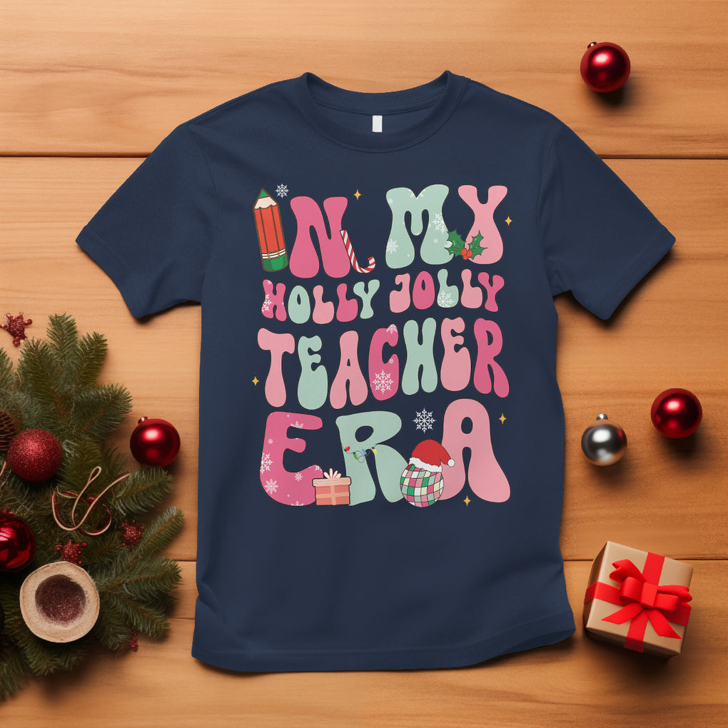 In My Holly Jolly Teacher Era Xmas Groovy Christmas T Shirt TS02 Navy Printyourwear