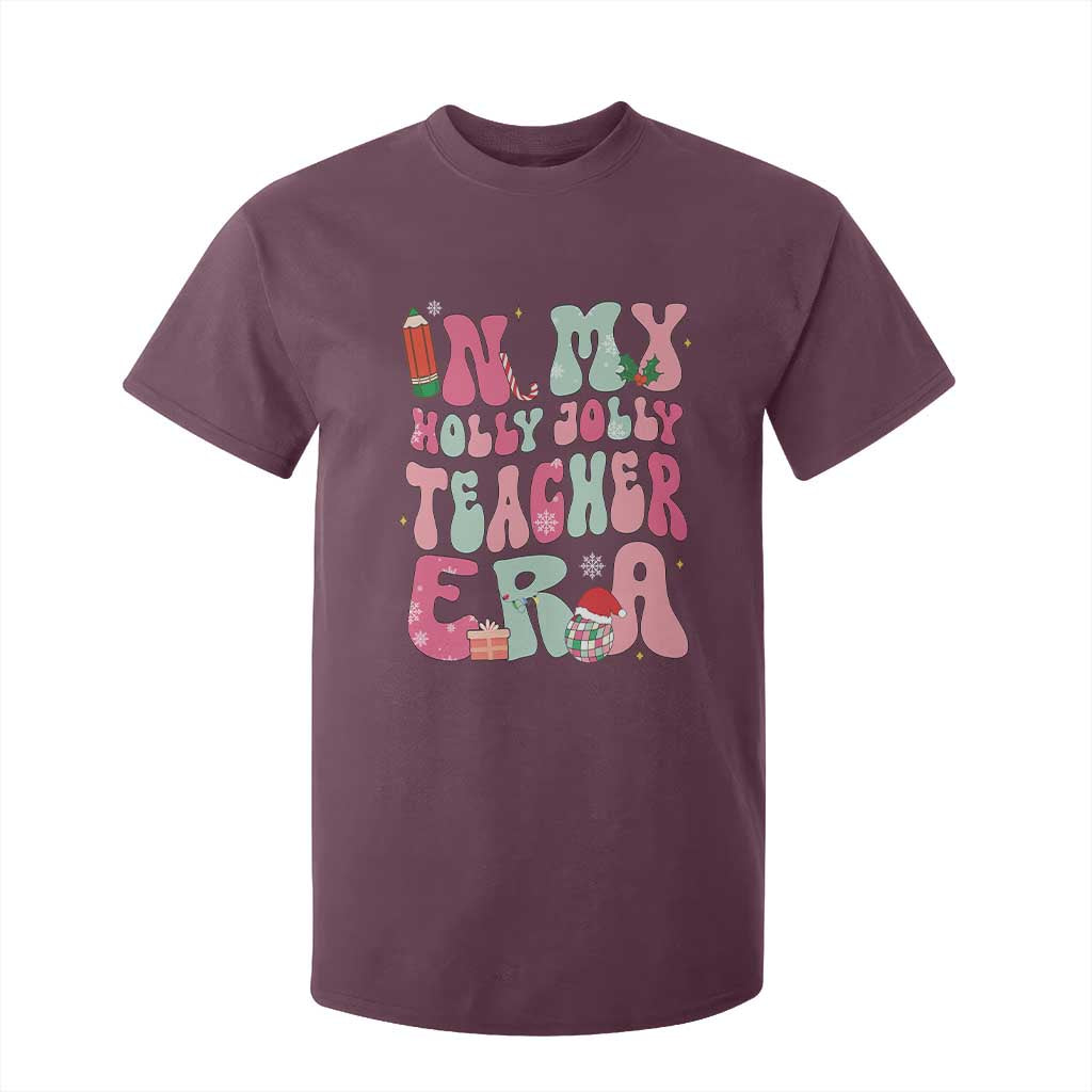 In My Holly Jolly Teacher Era Xmas Groovy Christmas T Shirt For Kid TS02 Maroon Print Your Wear