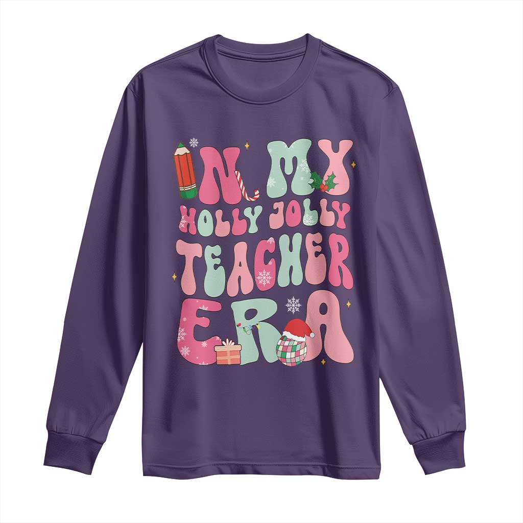 In My Holly Jolly Teacher Era Xmas Groovy Christmas Long Sleeve Shirt TS02 Purple Print Your Wear