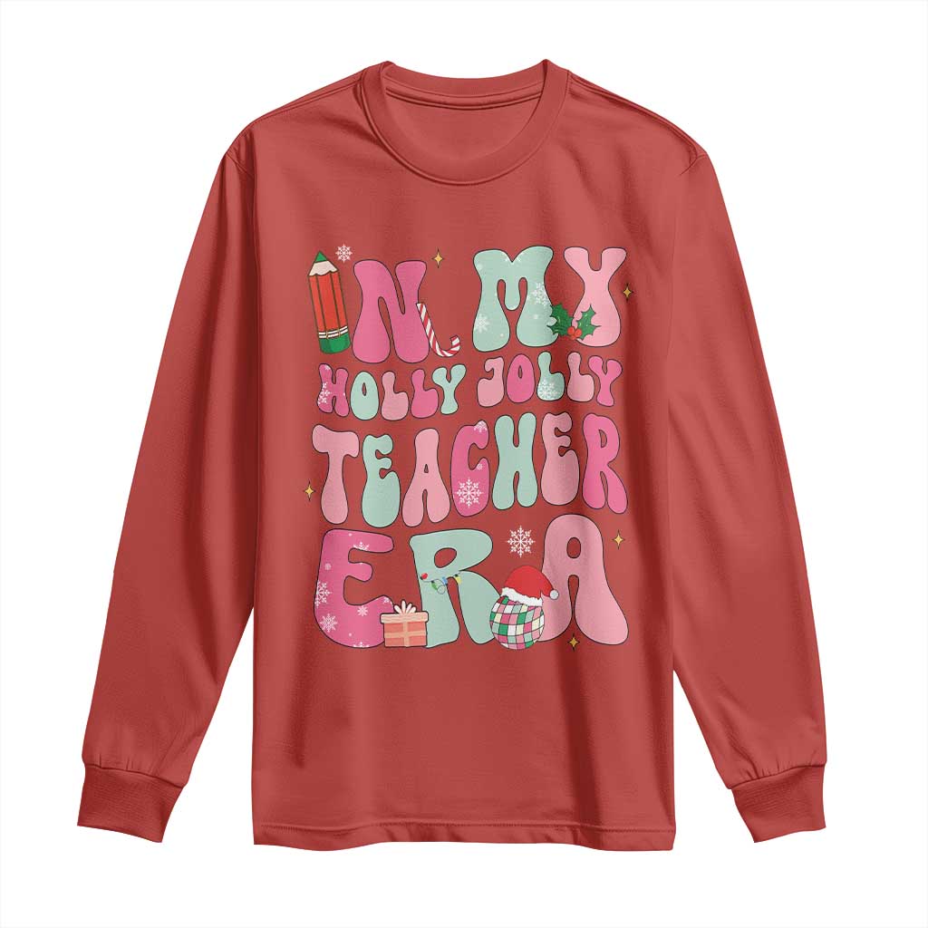 In My Holly Jolly Teacher Era Xmas Groovy Christmas Long Sleeve Shirt TS02 Red Print Your Wear