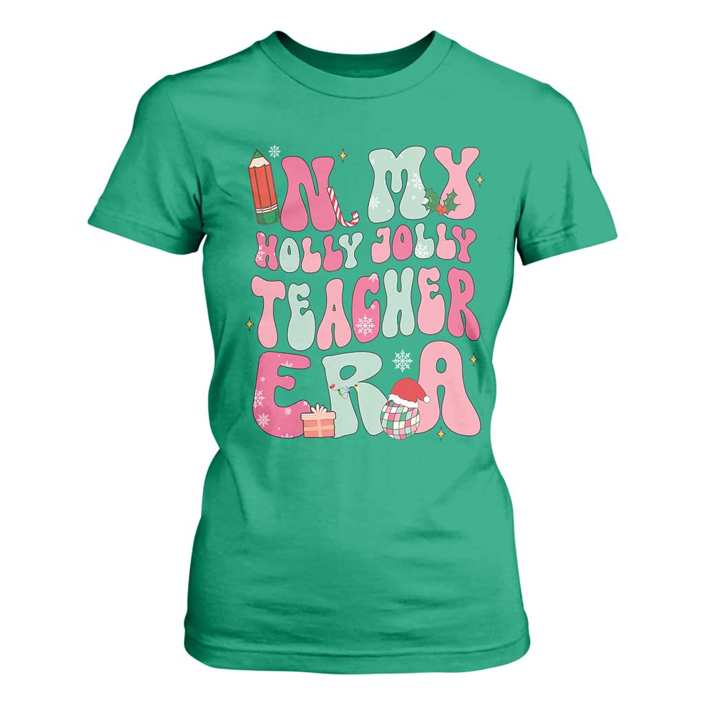 In My Holly Jolly Teacher Era Xmas Groovy Christmas T Shirt For Women TS02 Irish Green Print Your Wear