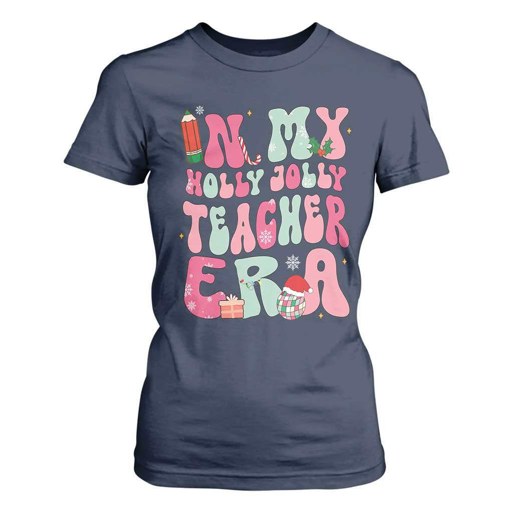 In My Holly Jolly Teacher Era Xmas Groovy Christmas T Shirt For Women TS02 Navy Print Your Wear