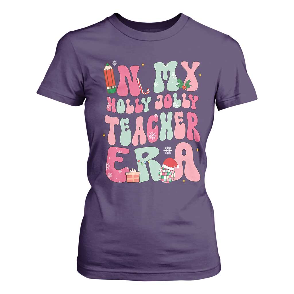 In My Holly Jolly Teacher Era Xmas Groovy Christmas T Shirt For Women TS02 Purple Print Your Wear