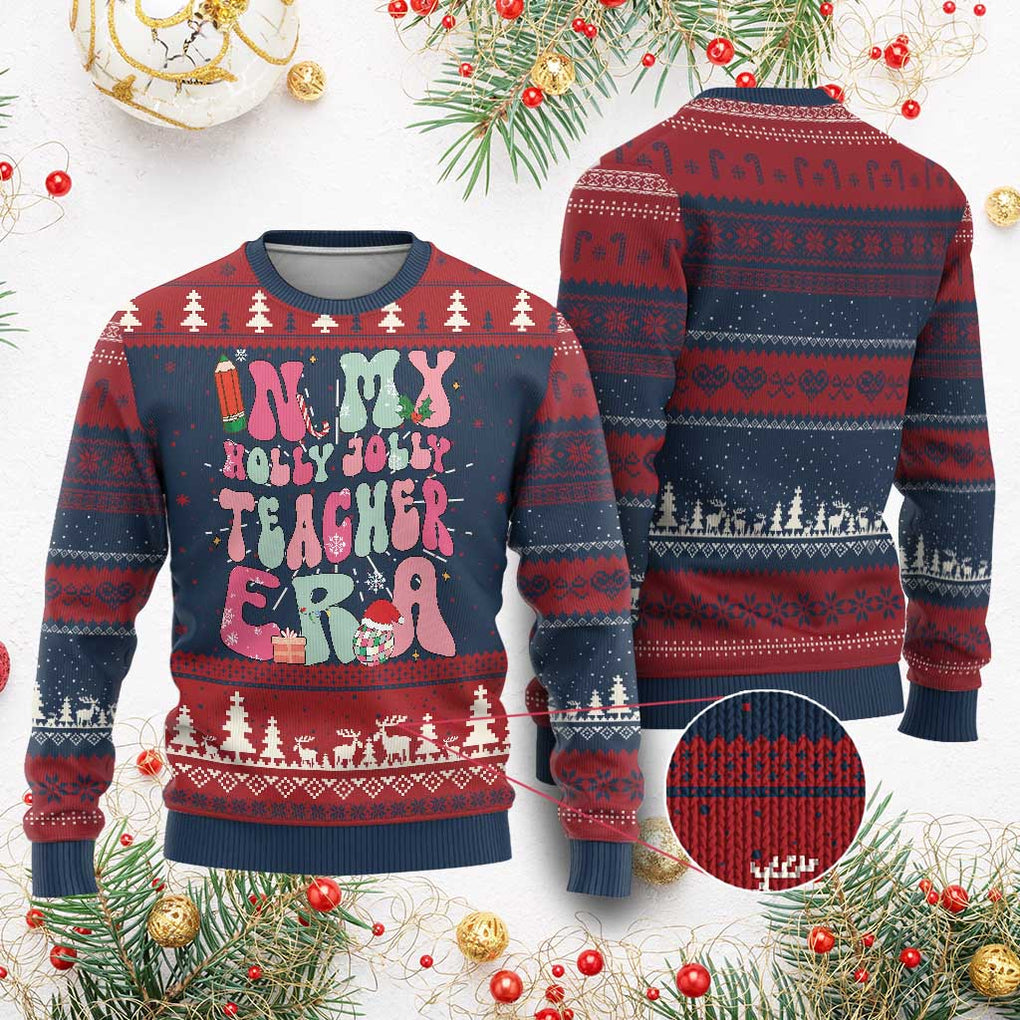 In My Holly Jolly Teacher Era Xmas Groovy Christmas Ugly Christmas Sweater TS02 Burgundy Print Your Wear