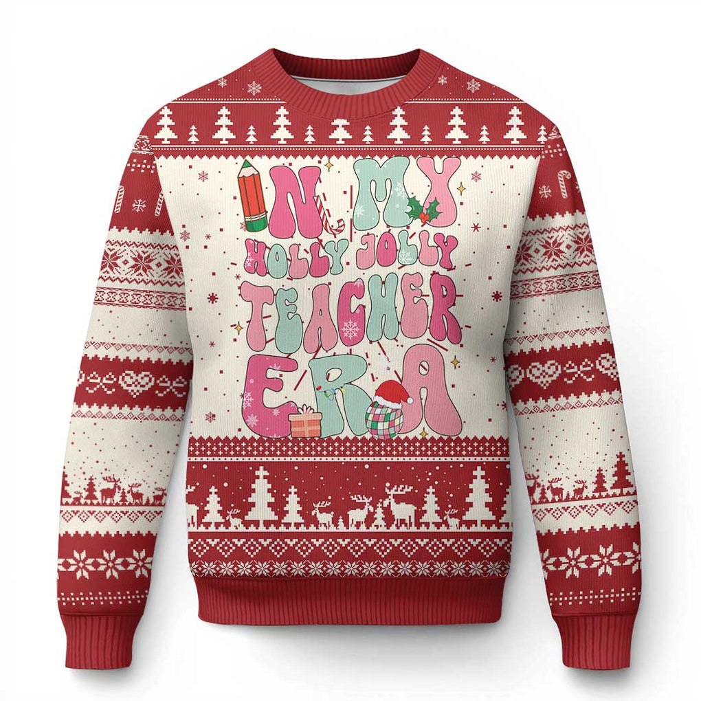 In My Holly Jolly Teacher Era Xmas Groovy Christmas Ugly Christmas Sweater TS02 Red Print Your Wear