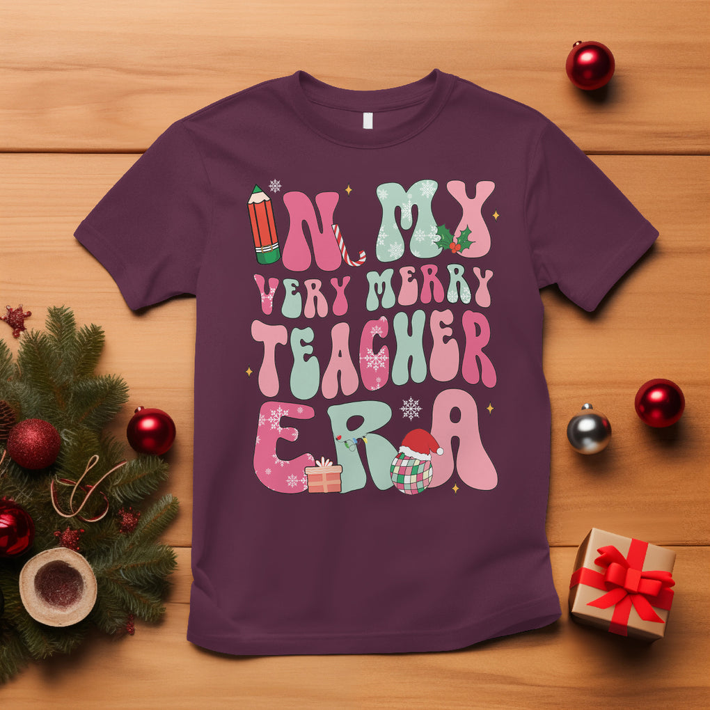 In My Very Merry Teacher Era Xmas Groovy Christmas T Shirt TS02 Maroon Printyourwear