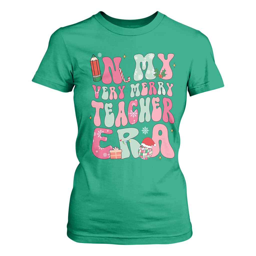 In My Very Merry Teacher Era Xmas Groovy Christmas T Shirt For Women TS02 Irish Green Print Your Wear