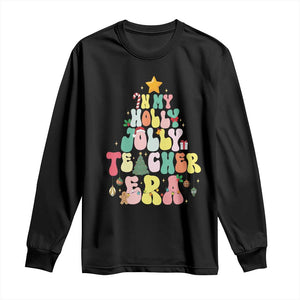 In My Holly Jolly Teacher Era Xmas Groovy Christmas Tree Long Sleeve Shirt TS02 Black Print Your Wear