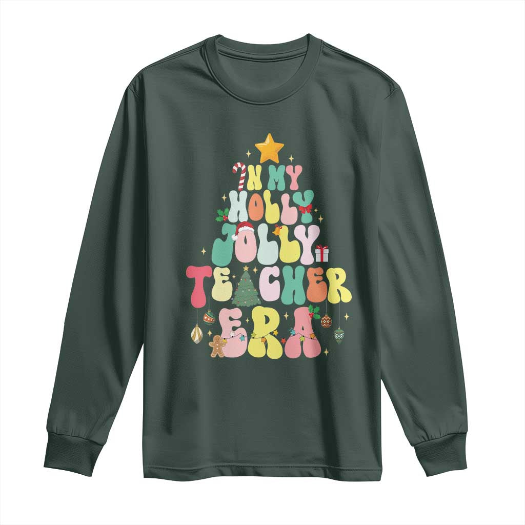 In My Holly Jolly Teacher Era Xmas Groovy Christmas Tree Long Sleeve Shirt TS02 Dark Forest Green Print Your Wear