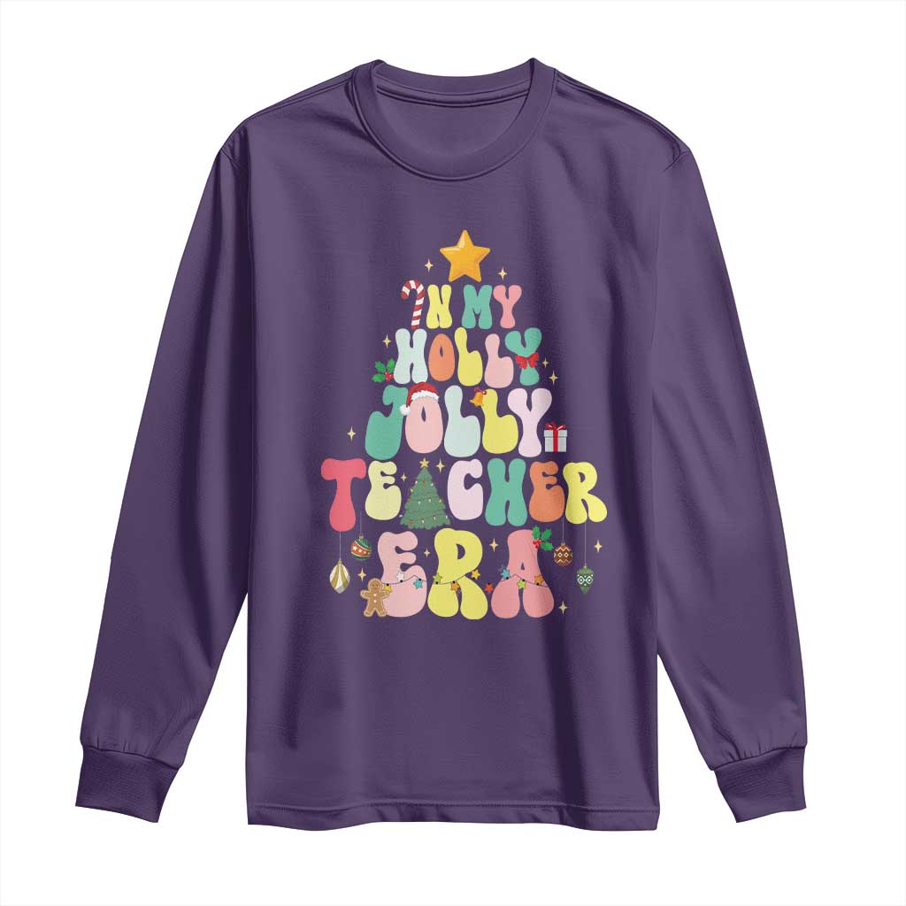 In My Holly Jolly Teacher Era Xmas Groovy Christmas Tree Long Sleeve Shirt TS02 Purple Print Your Wear
