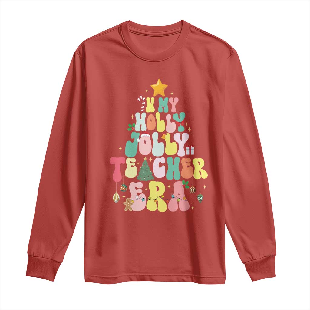 In My Holly Jolly Teacher Era Xmas Groovy Christmas Tree Long Sleeve Shirt TS02 Red Print Your Wear