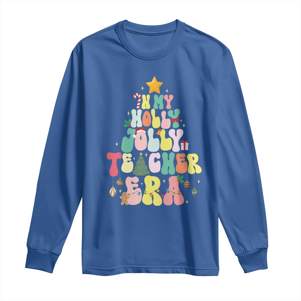 In My Holly Jolly Teacher Era Xmas Groovy Christmas Tree Long Sleeve Shirt TS02 Royal Blue Print Your Wear