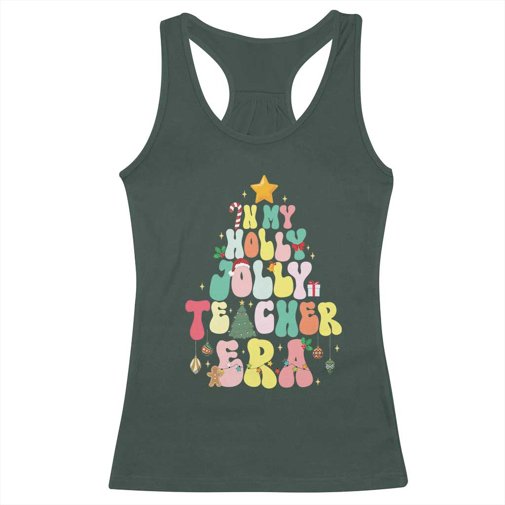 In My Holly Jolly Teacher Era Xmas Groovy Christmas Tree Racerback Tank Top TS02 Dark Forest Green Print Your Wear