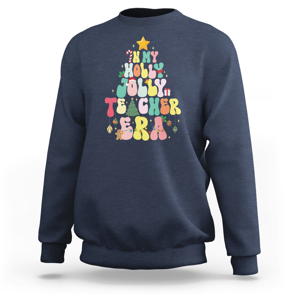 In My Holly Jolly Teacher Era Xmas Groovy Christmas Tree Sweatshirt TS02 Navy Printyourwear