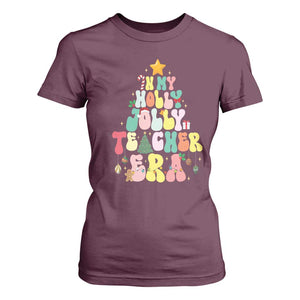 In My Holly Jolly Teacher Era Xmas Groovy Christmas Tree T Shirt For Women TS02 Maroon Print Your Wear