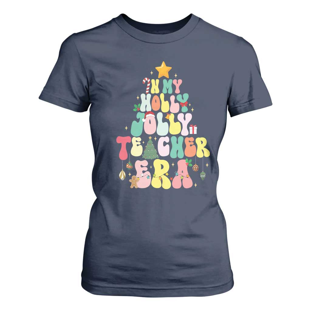 In My Holly Jolly Teacher Era Xmas Groovy Christmas Tree T Shirt For Women TS02 Navy Print Your Wear