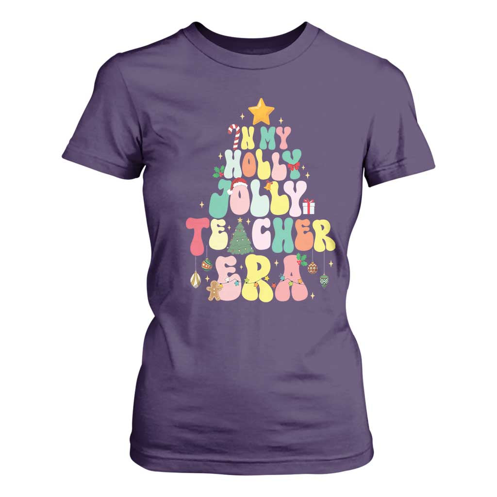 In My Holly Jolly Teacher Era Xmas Groovy Christmas Tree T Shirt For Women TS02 Purple Print Your Wear