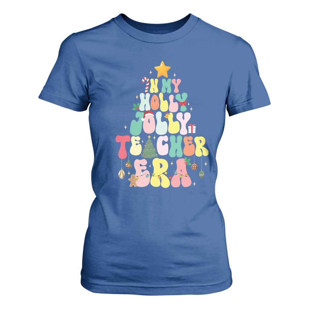 In My Holly Jolly Teacher Era Xmas Groovy Christmas Tree T Shirt For Women TS02 Royal Blue Print Your Wear