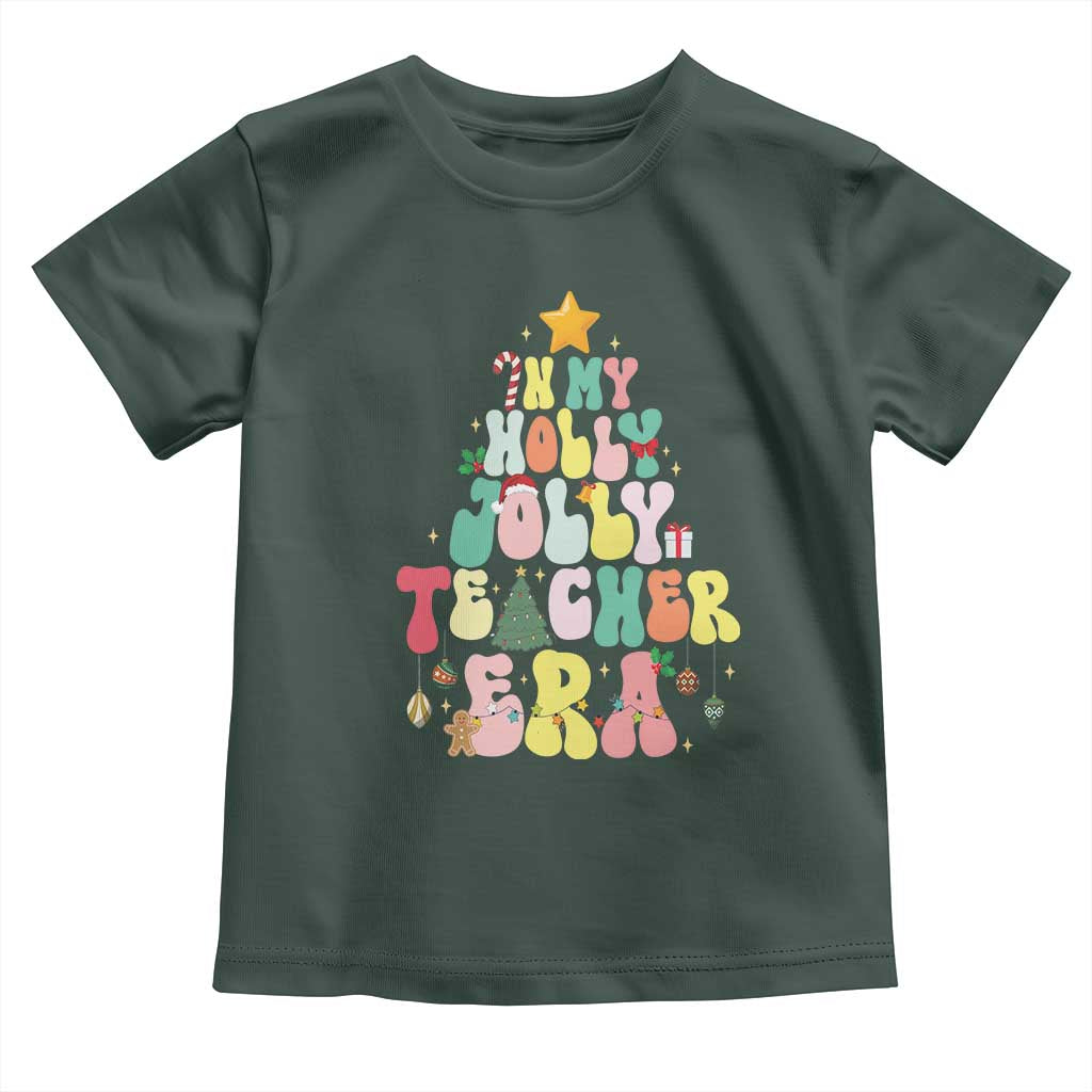 In My Holly Jolly Teacher Era Xmas Groovy Christmas Tree Toddler T Shirt TS02 Dark Forest Green Print Your Wear