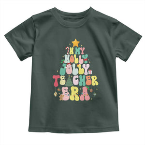 In My Holly Jolly Teacher Era Xmas Groovy Christmas Tree Toddler T Shirt TS02 Dark Forest Green Print Your Wear