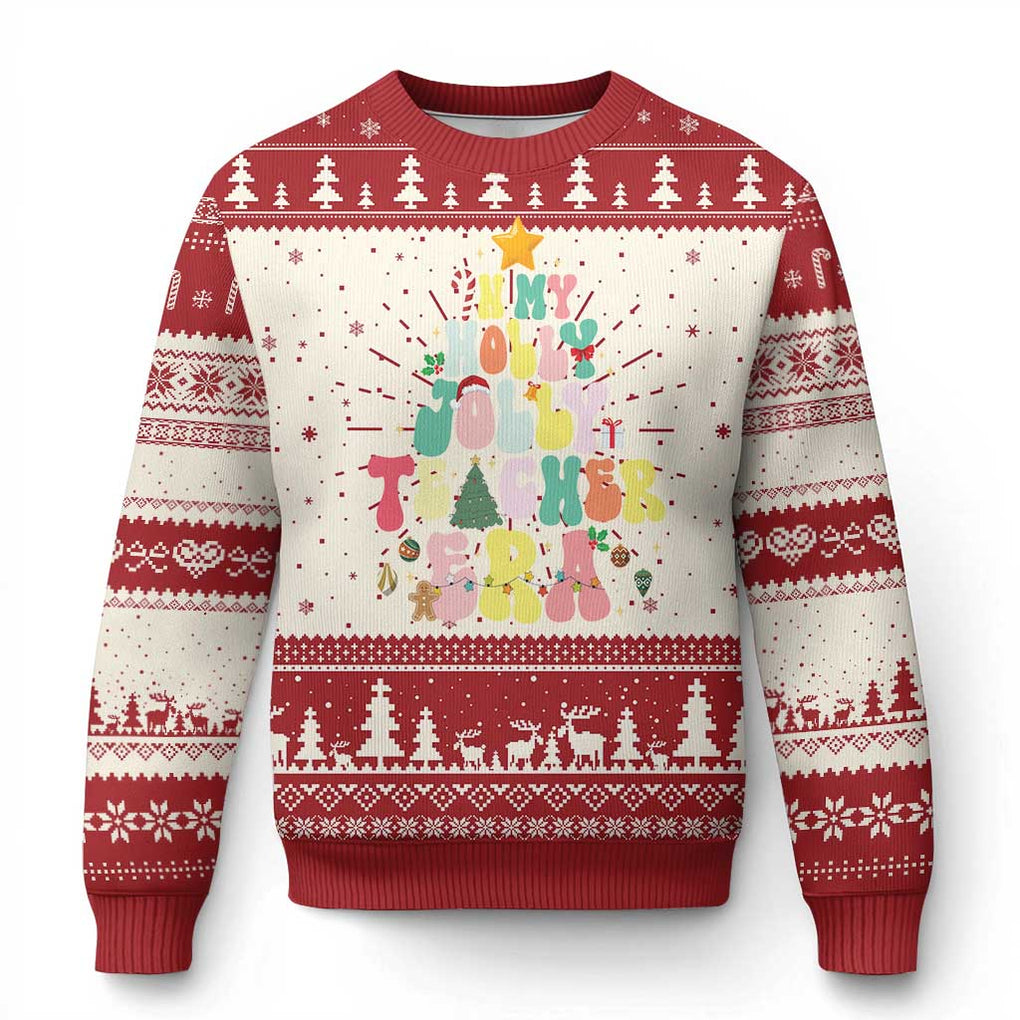 In My Holly Jolly Teacher Era Xmas Groovy Christmas Tree Ugly Christmas Sweater TS02 Red Print Your Wear
