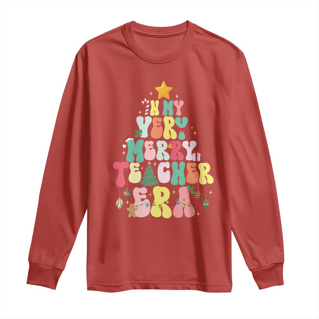 In My Very Merry Teacher Era Xmas Groovy Christmas Tree Long Sleeve Shirt TS02 Red Print Your Wear