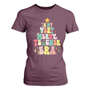 In My Very Merry Teacher Era Xmas Groovy Christmas Tree T Shirt For Women TS02 Maroon Print Your Wear