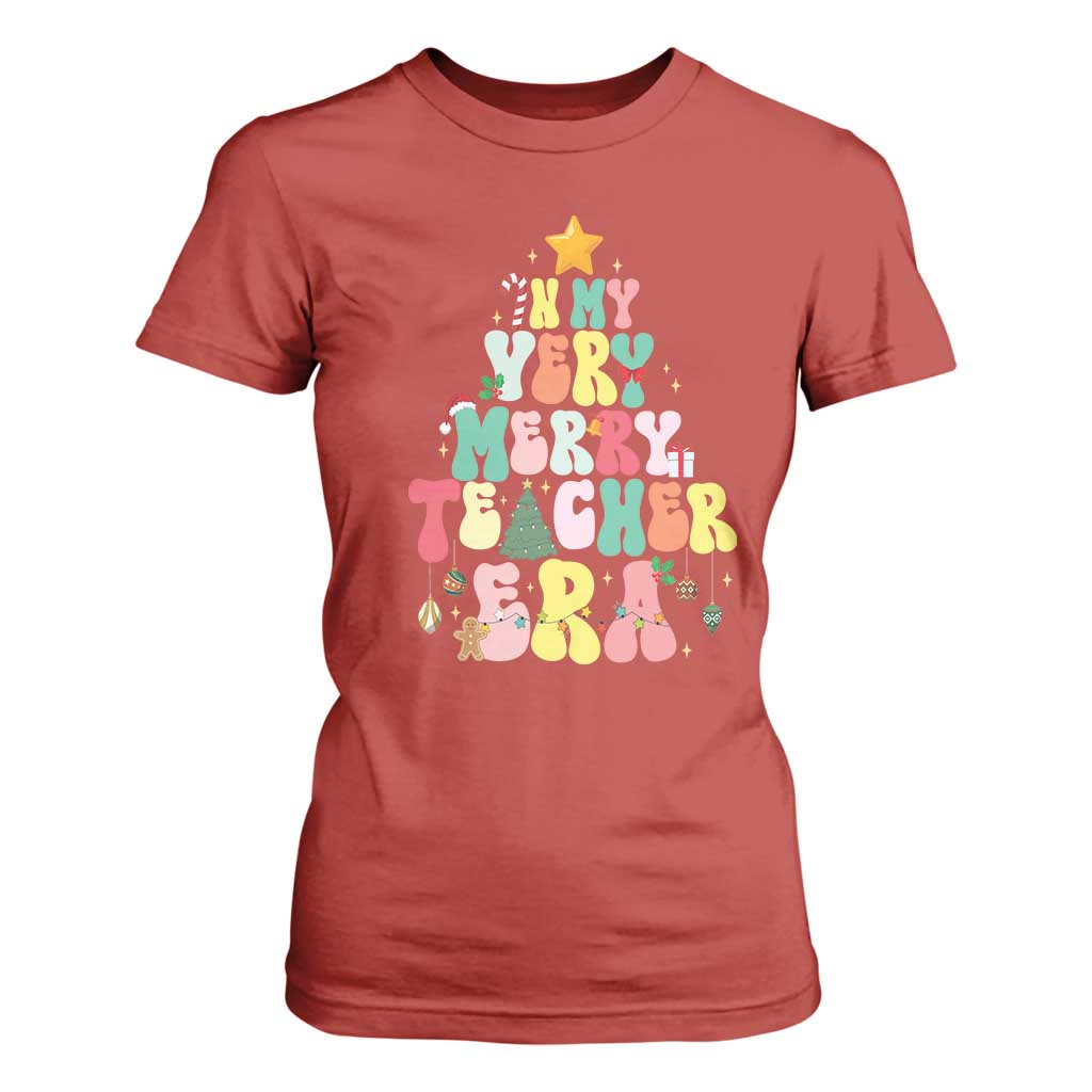 In My Very Merry Teacher Era Xmas Groovy Christmas Tree T Shirt For Women TS02 Red Print Your Wear