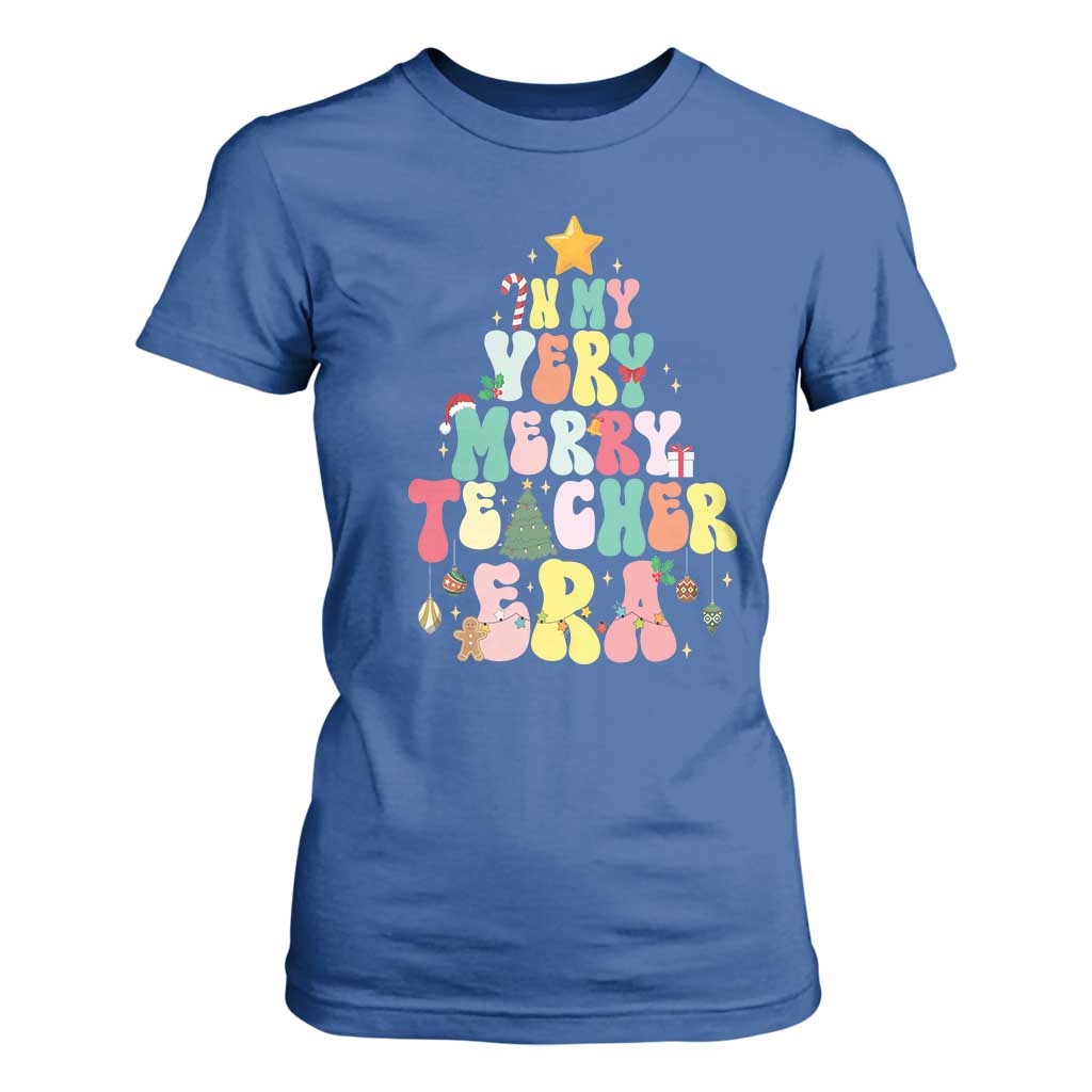 In My Very Merry Teacher Era Xmas Groovy Christmas Tree T Shirt For Women TS02 Royal Blue Print Your Wear