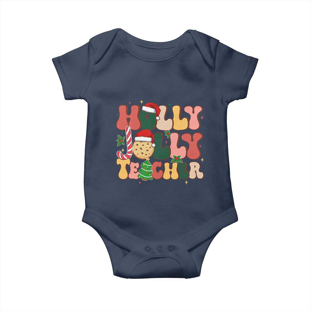 Groovy Holly Jolly Teacher Christmas Retro Xmas Baby Onesie TS02 Navy Print Your Wear