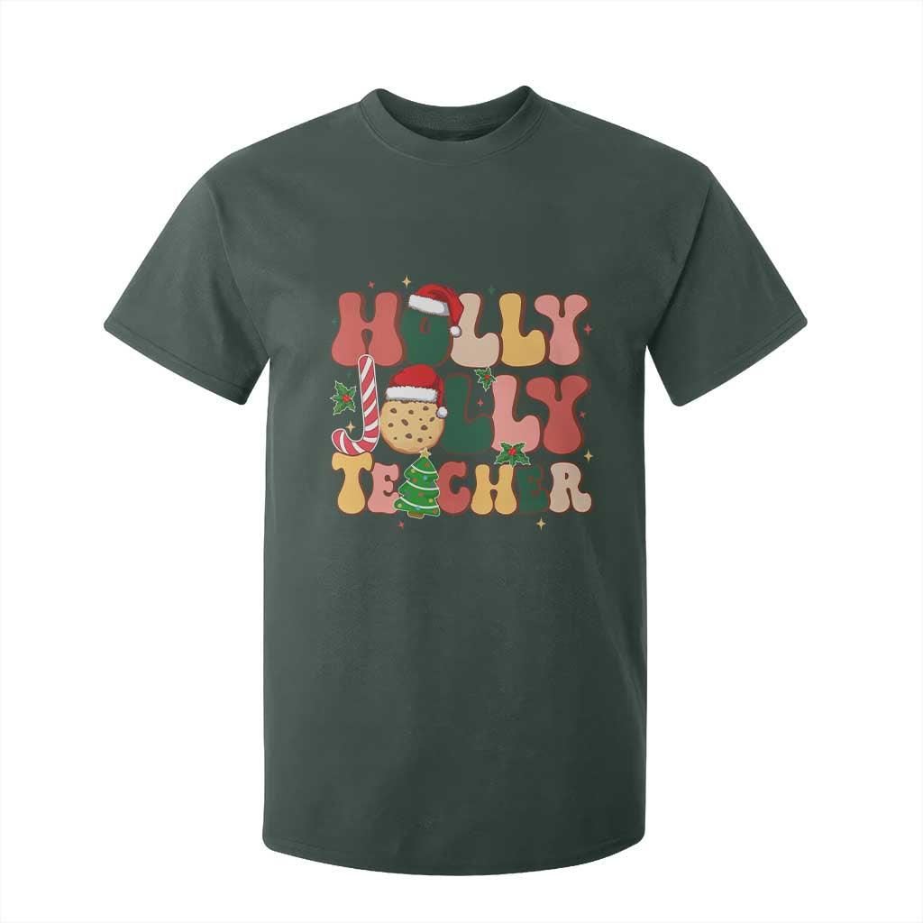 Groovy Holly Jolly Teacher Christmas Retro Xmas T Shirt For Kid TS02 Dark Forest Green Print Your Wear