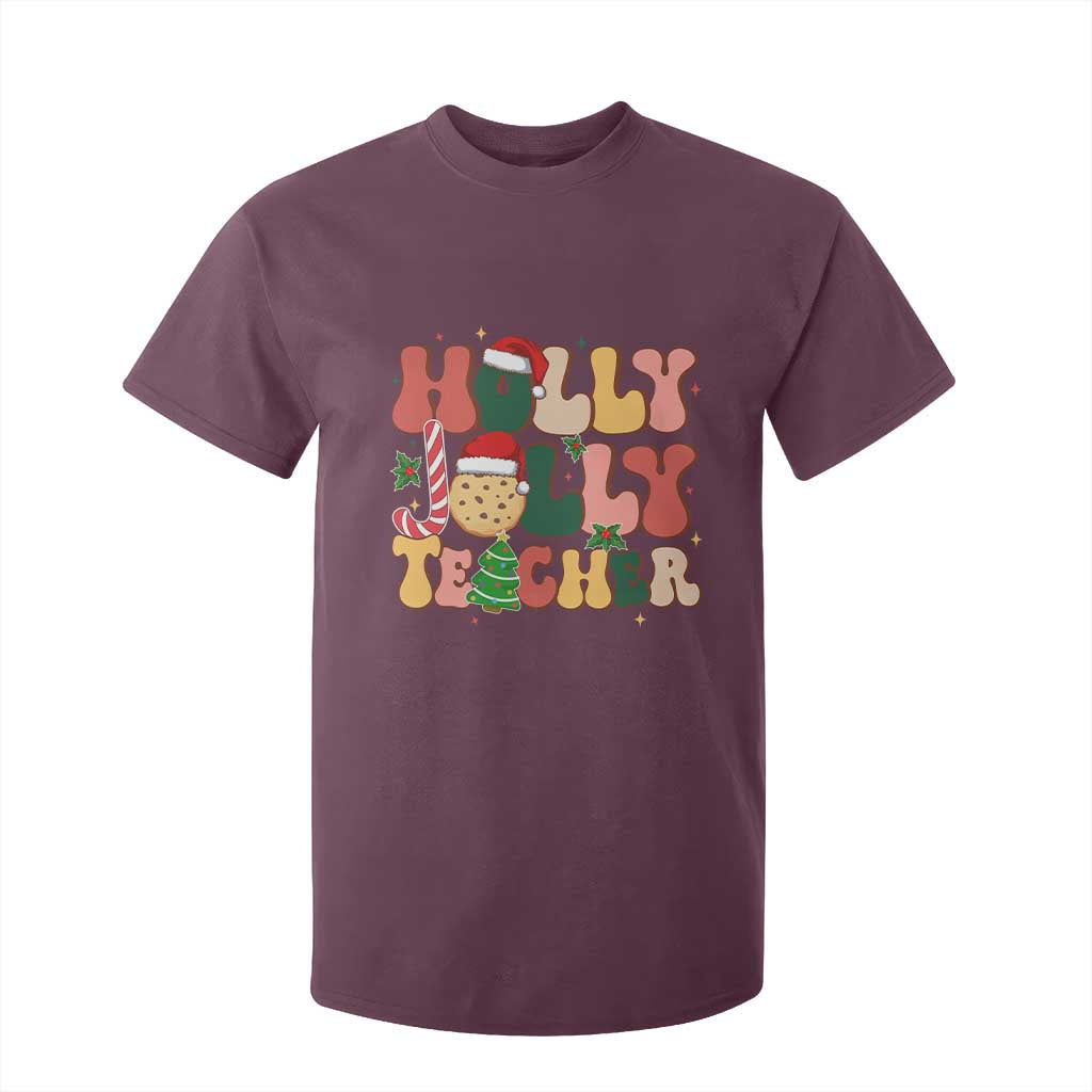Groovy Holly Jolly Teacher Christmas Retro Xmas T Shirt For Kid TS02 Maroon Print Your Wear